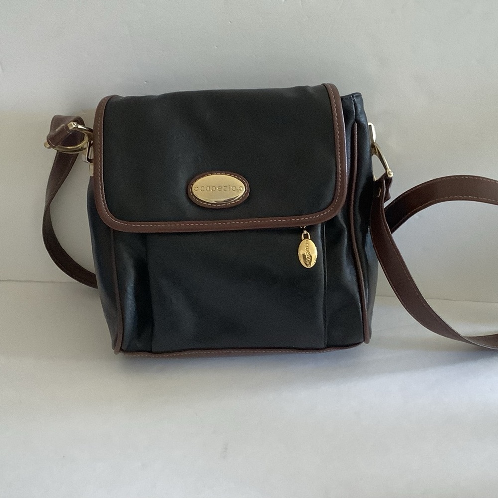 Vintage Capezio Faux Leather Crossbody Purse Shoulder Bag Black with Brown Trim